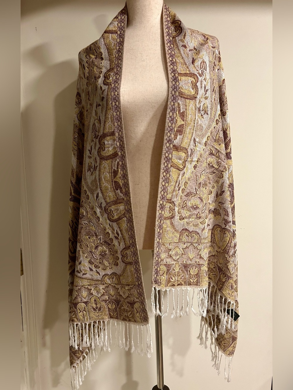 Gold/White/Brown 100% Cashmere Patterned Boho Bohemian Scarf